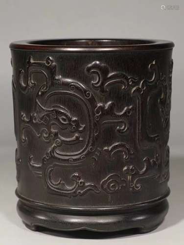 Carved 'Mythical Beast' Zitan Wood Brush Pot