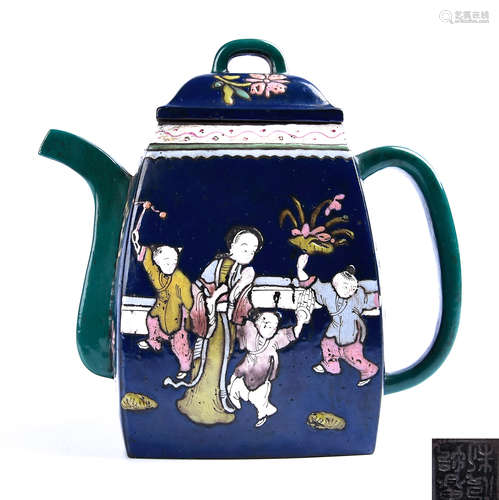 Famille Rose Painted 'Figural' Zisha Square Tea Pot