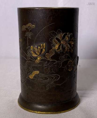 Japanese Bronze Brush Pot With Mark