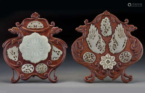 Pair Of Carved White Jade Inlaid Rosewood Table Screens