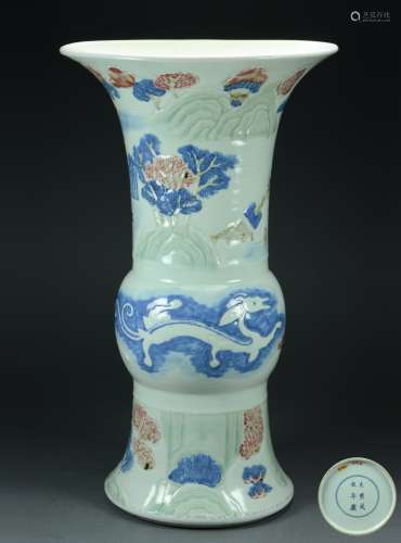 Large Chinese Dragons & Landscape Porcelain Gu Vase