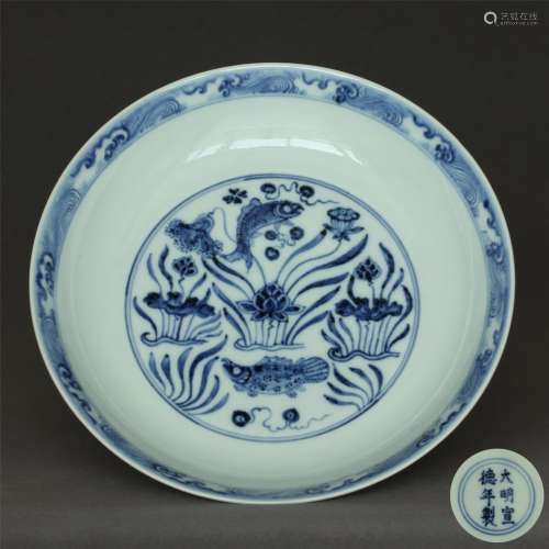 Blue And White Porcelain Fish Plate With Mark