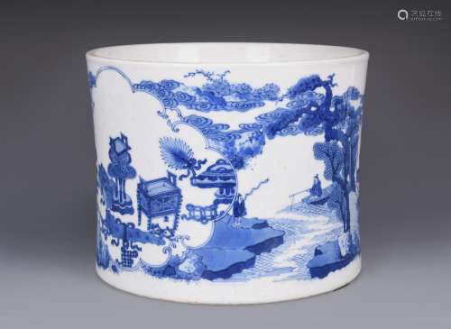 Qing Blue And White 'Figural And Landscape' Brush Pot