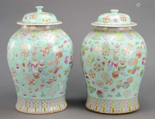 Qing Dyn. Pair of Famille Rose Porcelain Baluster Vases