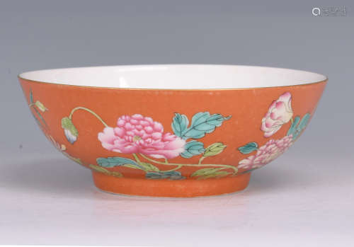 Famille Rose Coral-Ground Porcelain Bowl With Mark