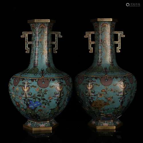 Pair Of Cloisonne Enamel Double-Handled Vases, Qianlong