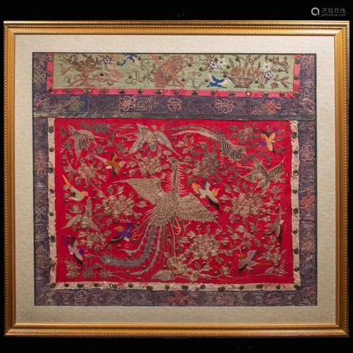 Framed 19th C. Red-Ground Silk Embroidered 'Bird' Panel