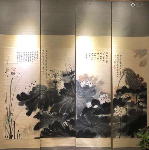 Set Of Four 'Lotus' Painting Hanging Scroll