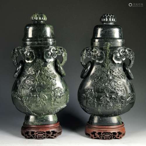 Pair Of Finely Carved Spinach Jade Covered Vases