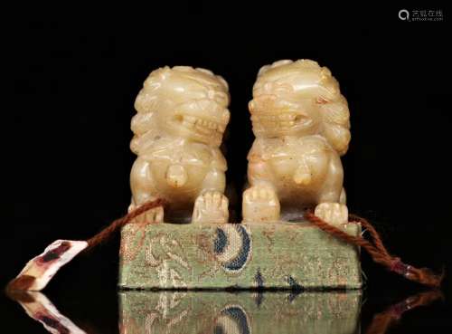 Pair Of Ming Carved White Jade Lion Seals