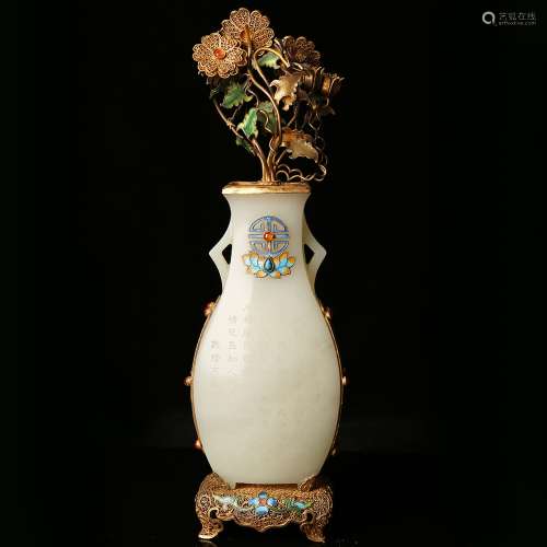 Finely Inscribed White Jade Flower Vase