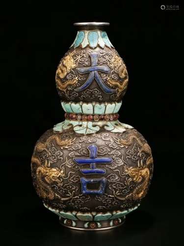 Fine And Rare Gilt Silver Gem-Inlaid Double Gourd Vase