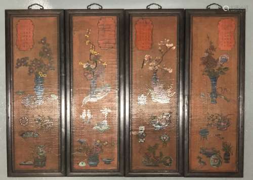 Four Lacquered Screen Panels With Inlaid Stone