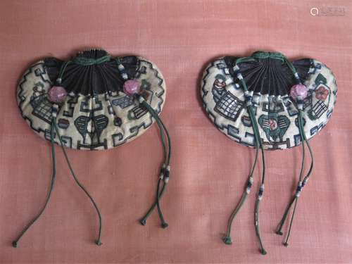 Pair Of Embroidered Silk Pouches W / Tourmaline Beads