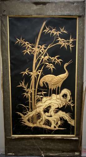 Chinese Gold Thread Silk Embroidered Bird Panel