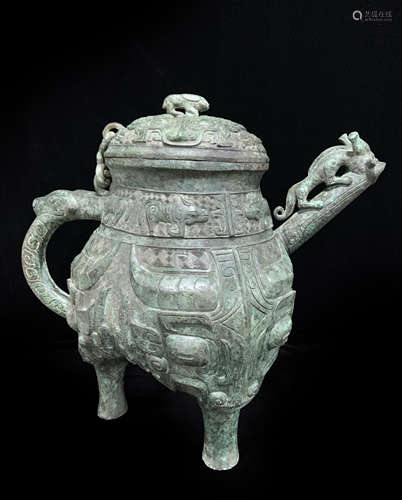 Rare He Bronze Ritual Tripod Wine Vessel With Cover