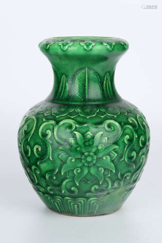 Green Glazed Carved Porcelain Floral Vase