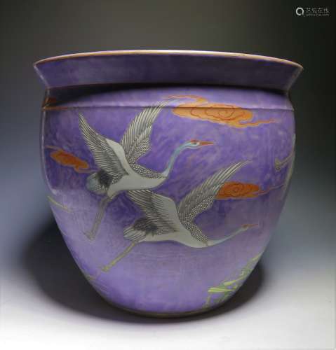 Purple-Ground Crane In Flight Porcelain Planter