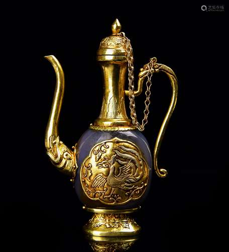 Gilt Bronze And Agate Phoenix Wine Pot