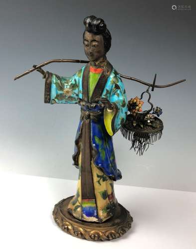 Chinese Enamelled Figure Carrying A Basket Of Flowers