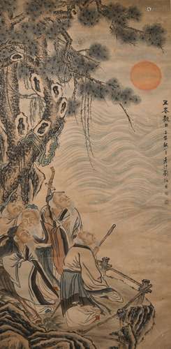 Chinese Painting Of Five Elders And Moon, Liu Yanchong