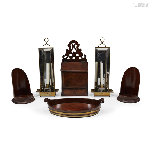 Group of six mahogany and brass light…