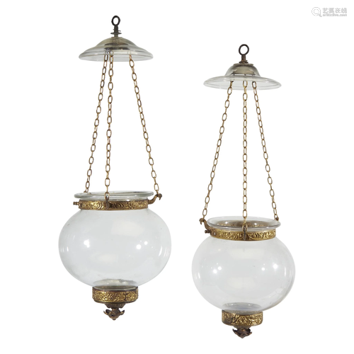 Pair of blown glass and brass hanging bell ja…