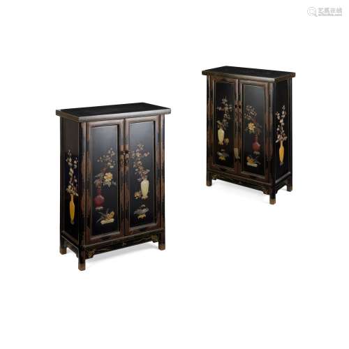 PAIR OF LACQUERED AND HARDSTONE INLAID CABINETS                         REPUBLIC PERIOD, 20TH CENTURY