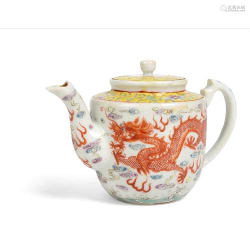 FAMILLE ROSE 'DRAGON AND PHOENIX' TEAPOT                         GUANGXU MARK AND PERIOD
