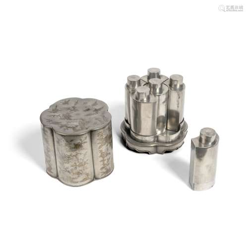 GROUP OF FIVE PEWTER TEA CANISTERS WITH BRASS-INLAID PEWTER COVER                         QING DYNASTY, 19TH CENTURY