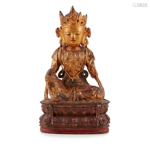 LACQUERED GILT BRONZE FIGURE OF GUANYIN                         MING DYNASTY