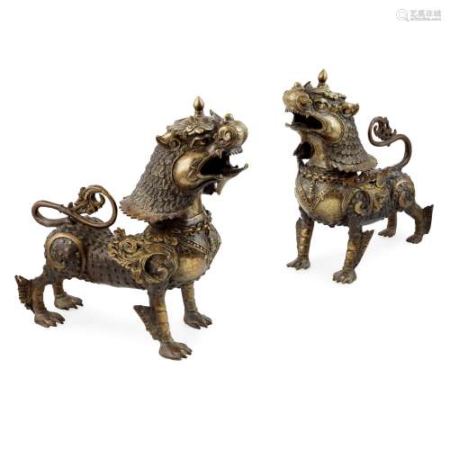 PAIR OF BRONZE TIBETAN LION CENSERS                         QING DYNASTY, 18TH-19TH CENTURY