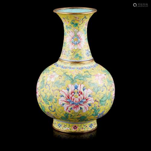 RARE IMPERIAL PAINTED ENAMEL YELLOW-GROUND 'LOTUS' VASE                         QIANLONG MARK AND PERIOD