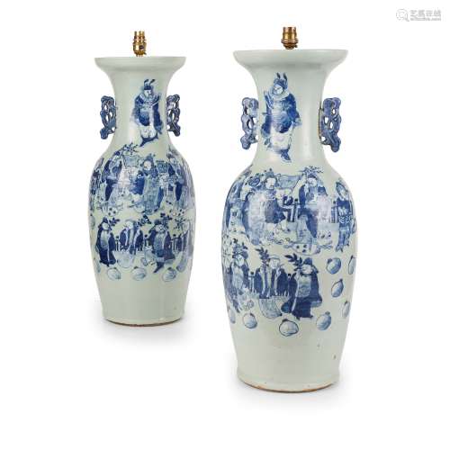 PAIR OF CELADON-GLAZED BLUE AND WHITE VASES                         QING DYNASTY, 19TH CENTURY