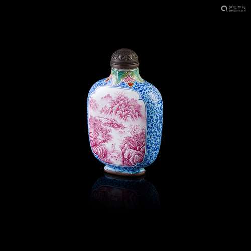 PAINTED ENAMEL 'LANDSCAPE' SNUFF BOTTLE                         QIANLONG MARK BUT LATER