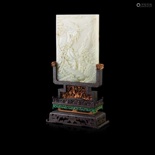 WHITE JADE INSET HARDWOOD TABLE SCREEN                         LATE QING DYNASTY-REPUBLIC PERIOD, 19TH-20TH CENTURY