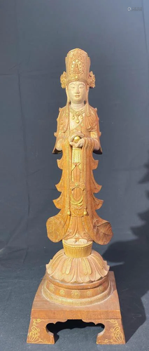 Japanese Cedar Wood Kuanyin with Gilt