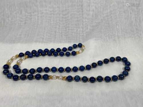 Chinese Lapis and Pearl Necklace