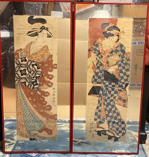 Pair Japanese Wood Block Print in Mirror Frame