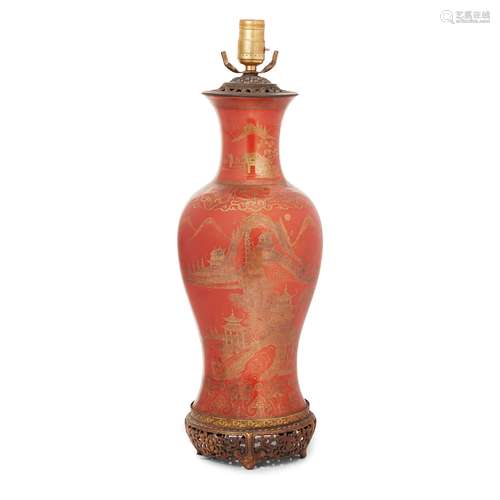 GILT-DECORATED CORAL GROUND BALUSTER VASE