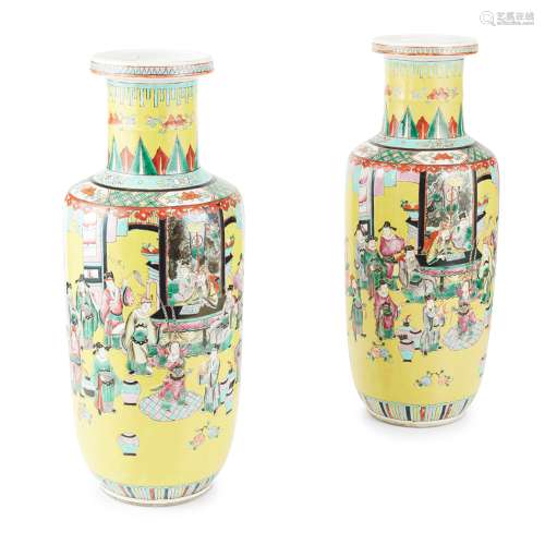 PAIR OF FAMILLE ROSE YELLOW GROUND ROULEAU VASES