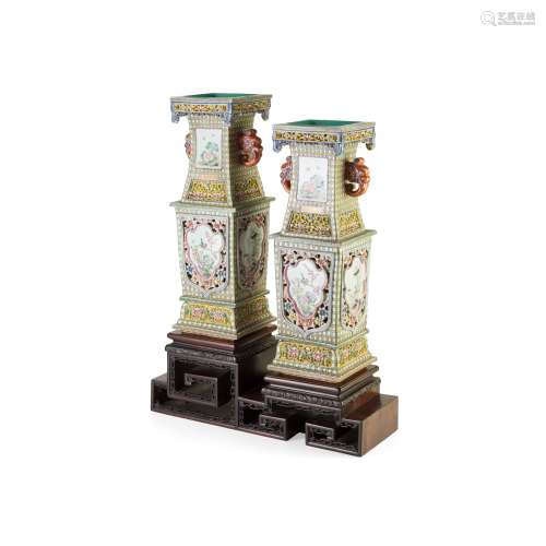 PAIR OF FAMILLE ROSE SQUARE-SECTIONED BALUSTER VASES