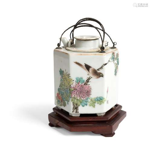 QIANJIANG ENAMELLED 'BIRD AND FLOWERS' HEXAGONAL TWO-PART WINE WARMING POT