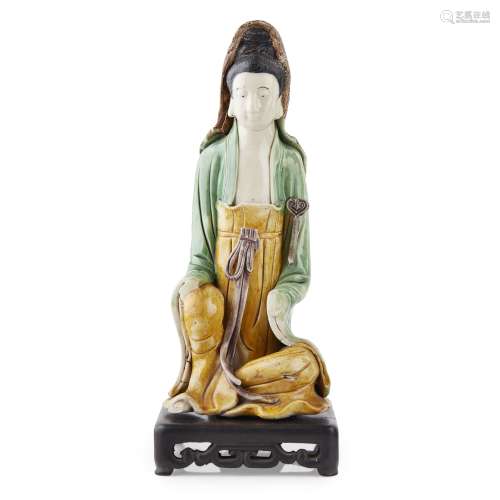 BISCUIT SANCAI-GLAZED FIGURE OF SEATED GUANYIN