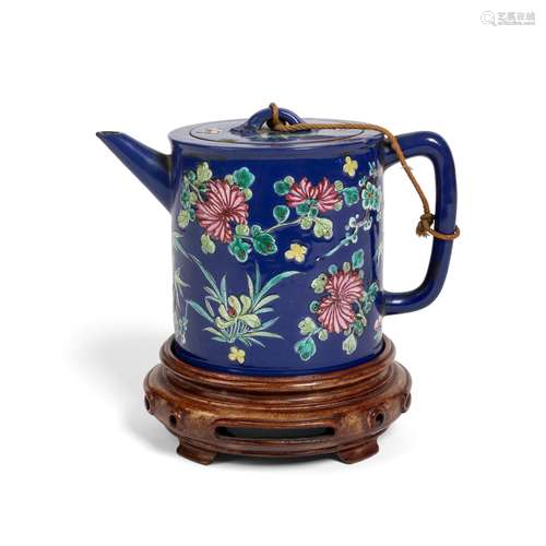 YIXING STONEWARE BLUE-ENAMELLED TEAPOT