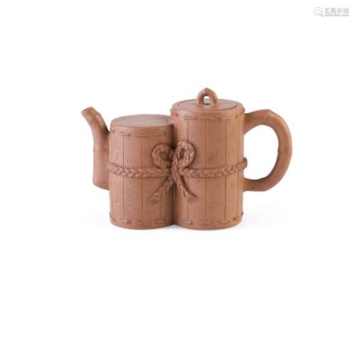 CONJOINED YIXING STONEWARE 'SCROLL' TEAPOT