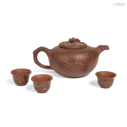 YIXING STONEWARE TEAPOT WITH THREE CUPS