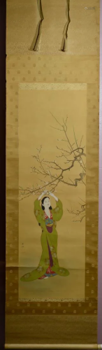 Japanese Water Color Scroll Painting - Lady…