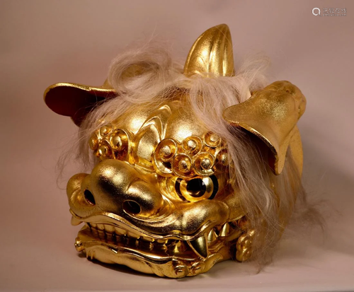 Japanese Wood Lion Mask with Gold Lacquer -