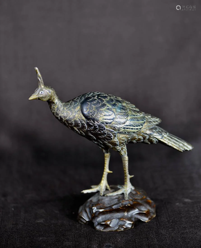 Japanese Mixed Metal Bird on Wood Stand